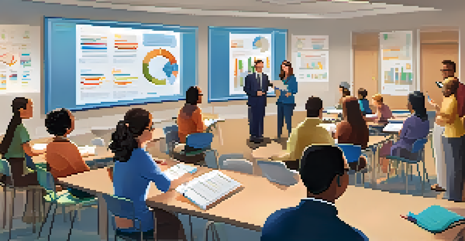 A workshop with parents and teachers discussing educational data analytics, featuring charts and graphs in a warmly lit room.