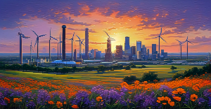 A sunset over Houston's skyline, featuring traditional oil rigs alongside modern wind turbines and solar panels, with wildflowers in the foreground.