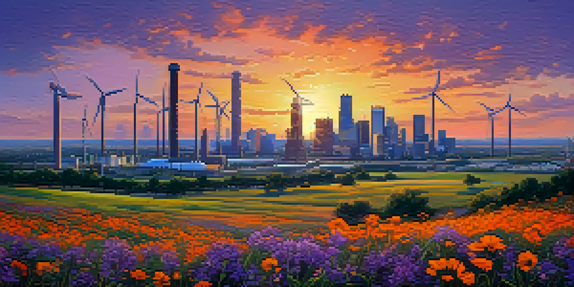 A sunset over Houston's skyline, featuring traditional oil rigs alongside modern wind turbines and solar panels, with wildflowers in the foreground.