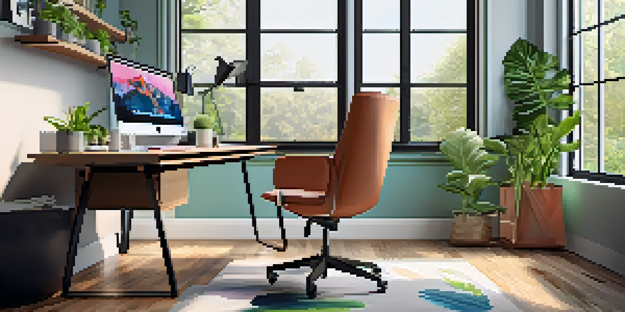 A bright and modern home office with a desk, laptop, and plants, illuminated by natural light.
