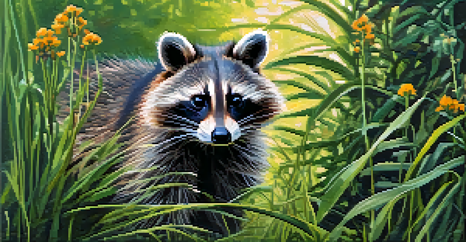 A raccoon peeking out from behind a bush in a green space in Houston, surrounded by tall grasses and wildflowers in soft morning light.