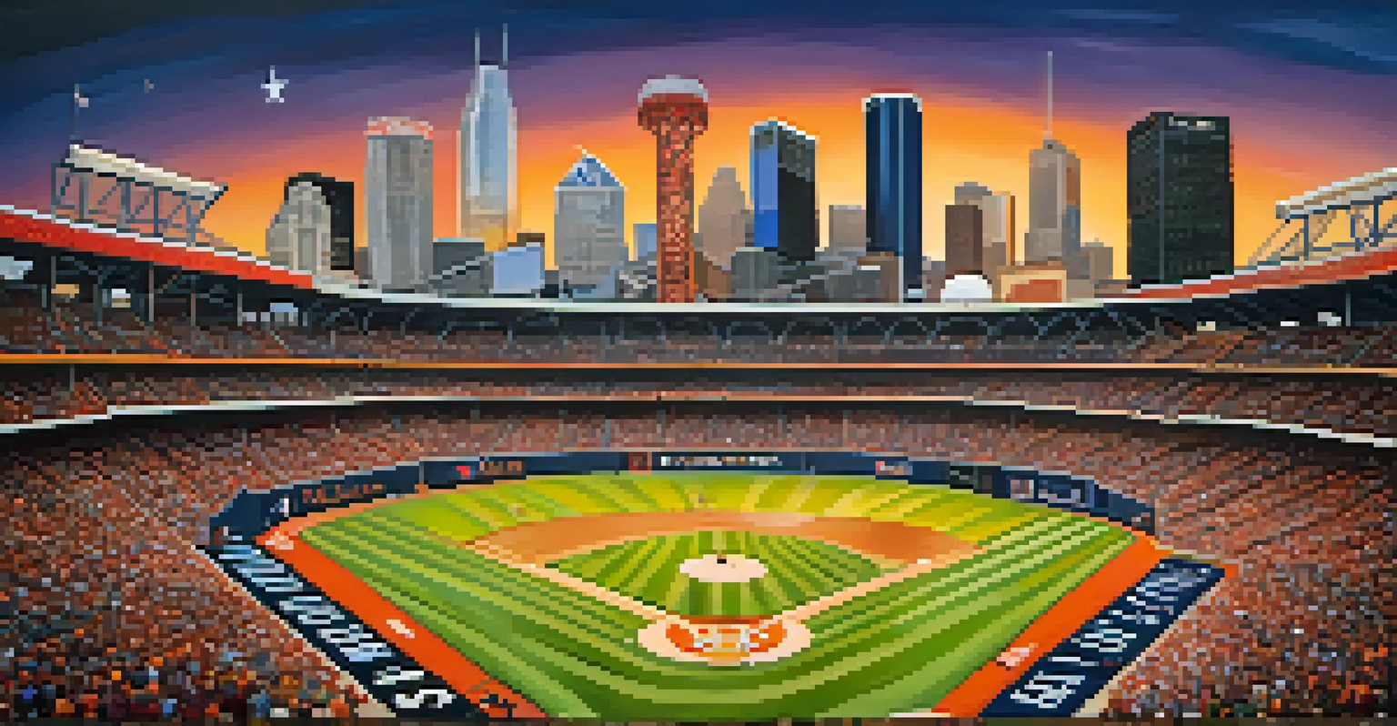 A collage of Houston's professional sports teams logos with the skyline in the background, representing pride and unity.