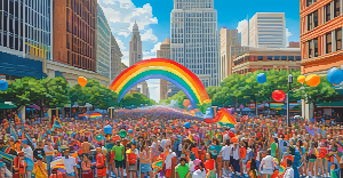 A colorful parade at the Houston Pride Festival with floats and people celebrating in costumes under a clear blue sky.