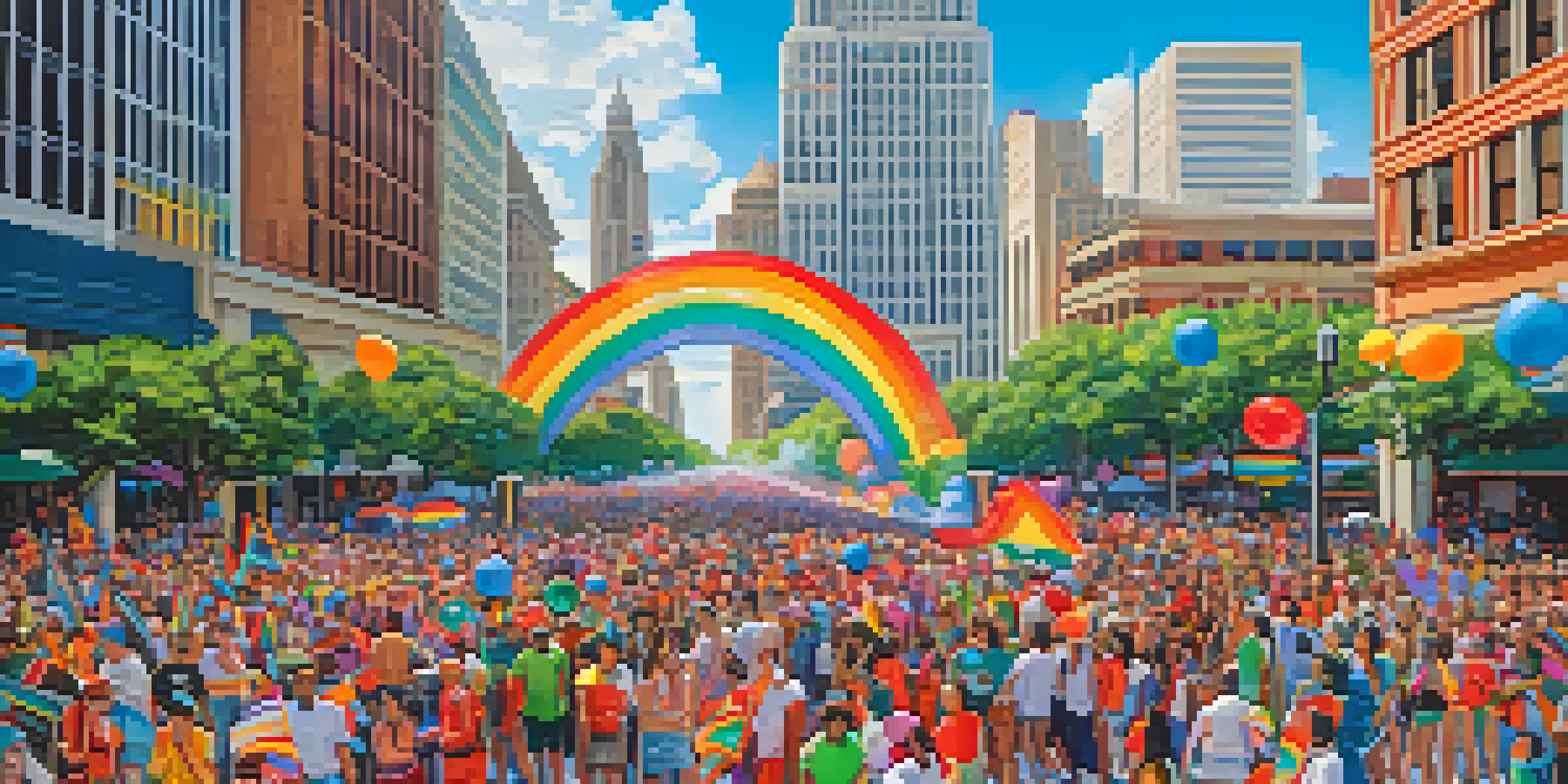 A colorful parade at the Houston Pride Festival with floats and people celebrating in costumes under a clear blue sky.