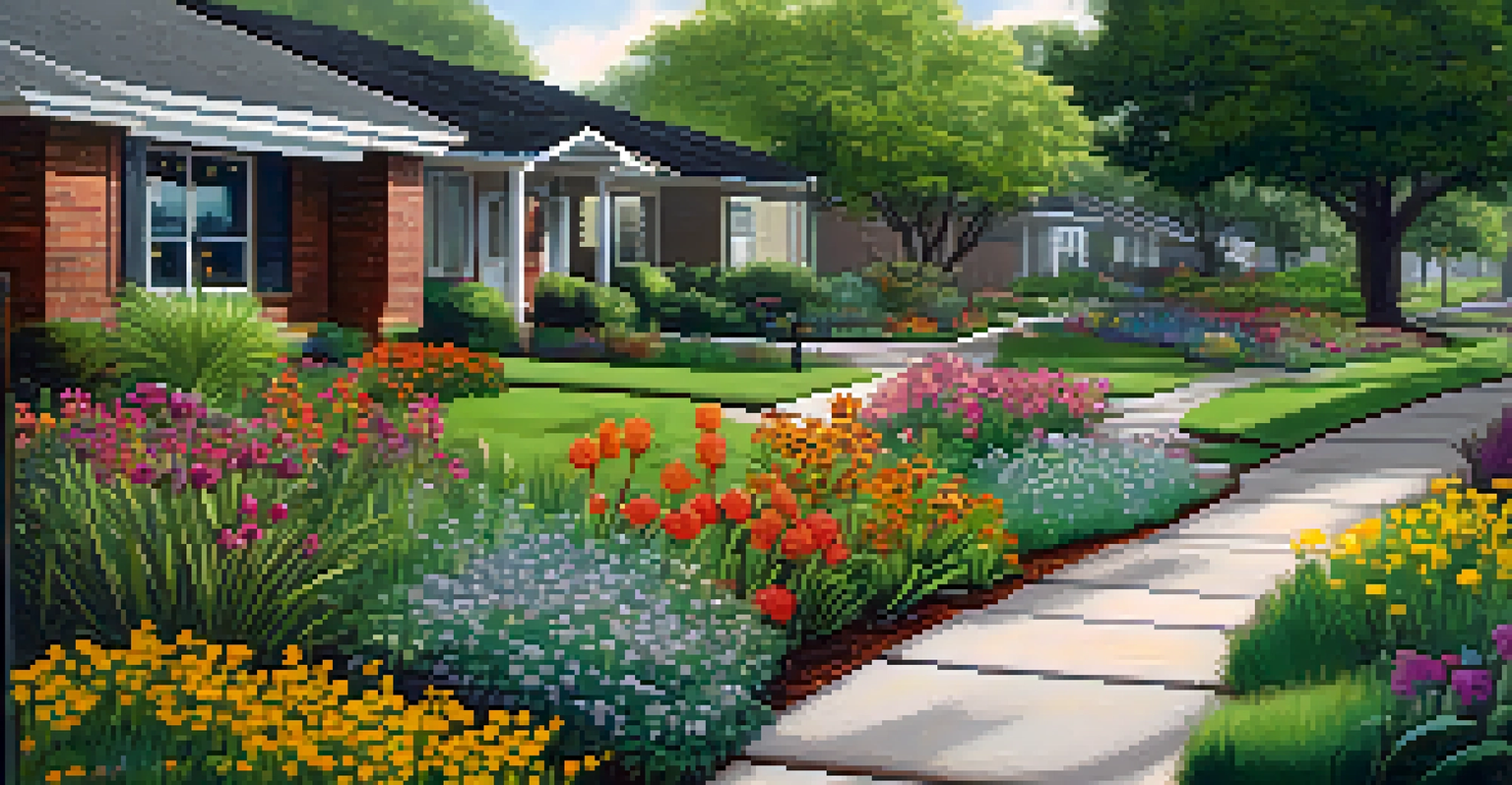 A colorful rain garden with flowers and green plants, demonstrating effective stormwater management in an urban setting.