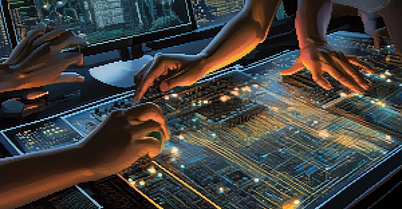 Close-up of hands collaborating on a technology project with computer screens in the background.