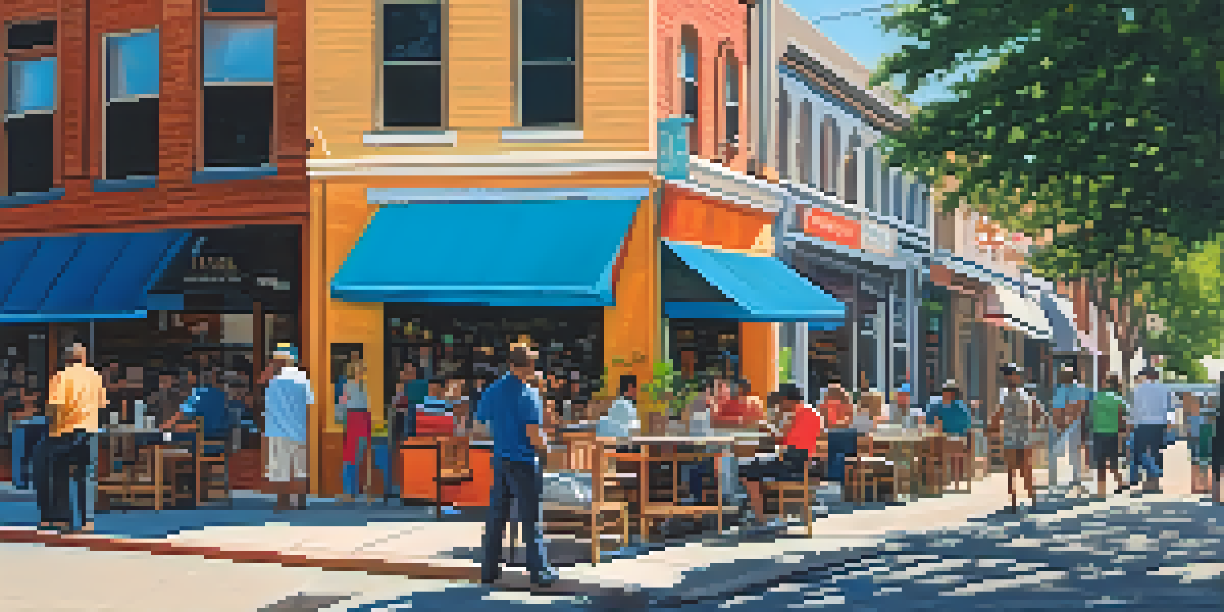A lively street in Houston featuring diverse small businesses, people interacting, and bright storefronts under a clear blue sky.
