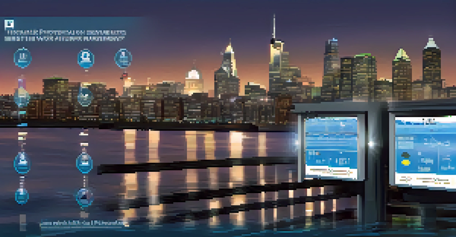 Close-up of smart sensors monitoring water levels on a city street, with urban infrastructure in the background and evening lights.
