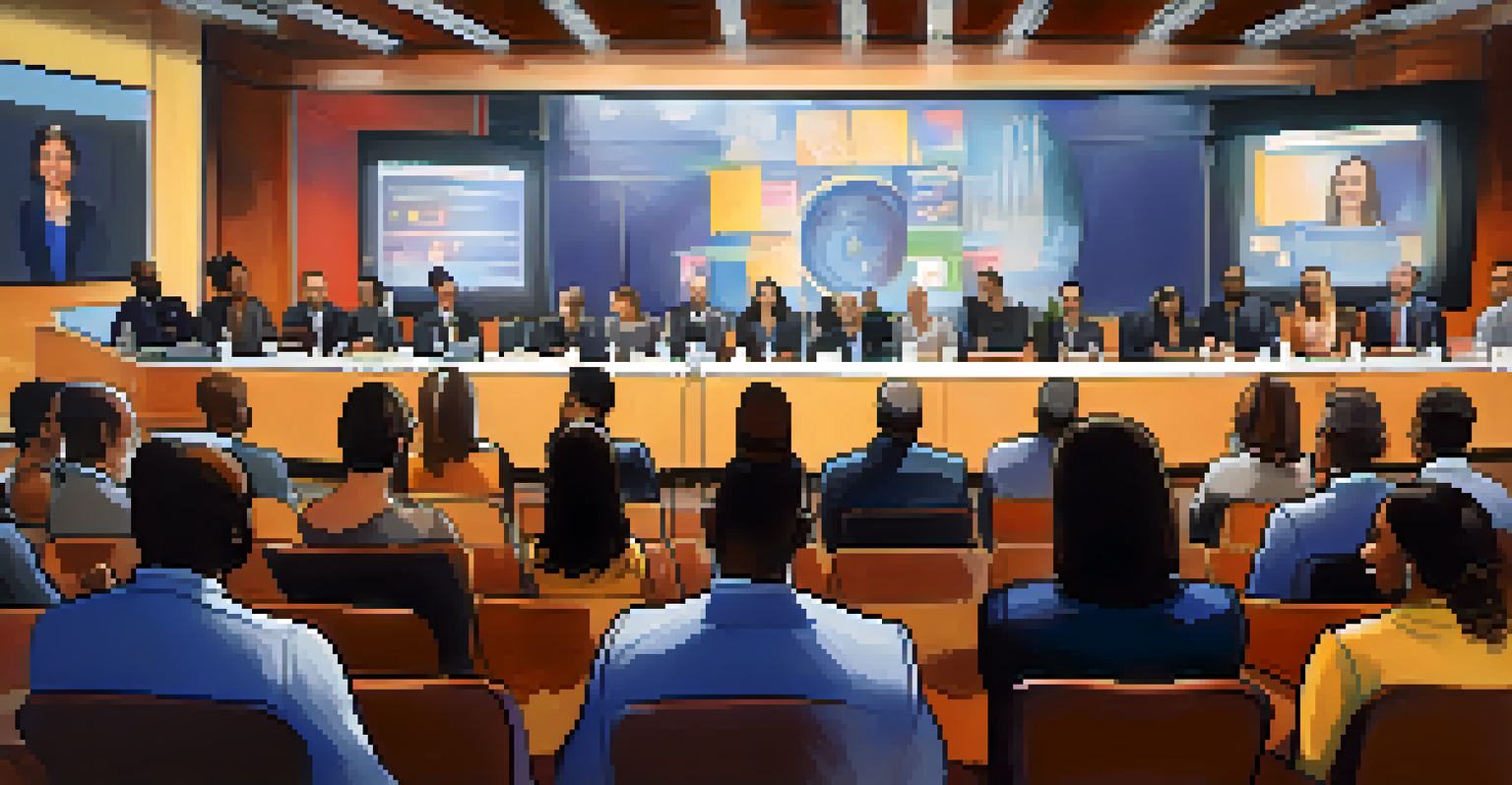 A diverse group of entrepreneurs passionately presenting their ideas during a pitch competition, with judges and screens visible in the background.