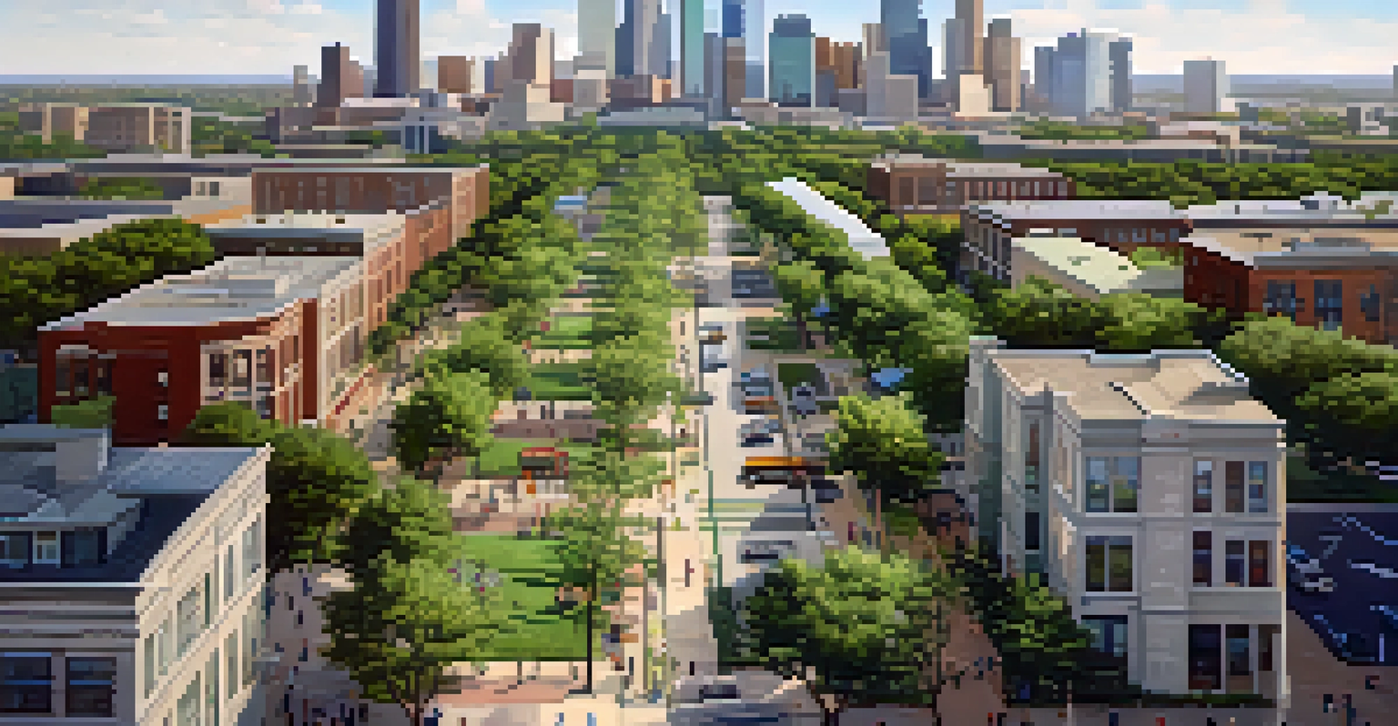 An aerial view of a Houston neighborhood featuring mixed-use buildings, a light rail line, pedestrians, and electric buses.