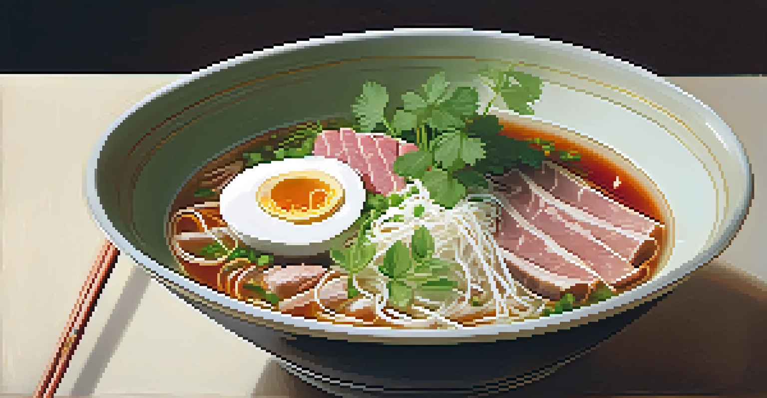 A bowl of pho with noodles, herbs, and meats, accompanied by lime and bean sprouts.