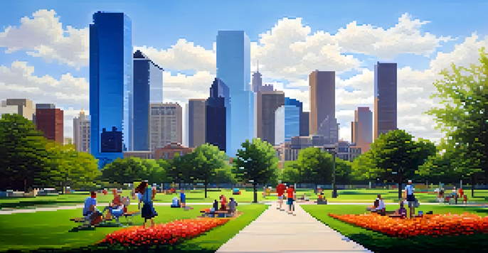 A lively urban park in Houston with families picnicking on the grass, surrounded by trees and colorful flowers, with the city's skyline visible in the background.