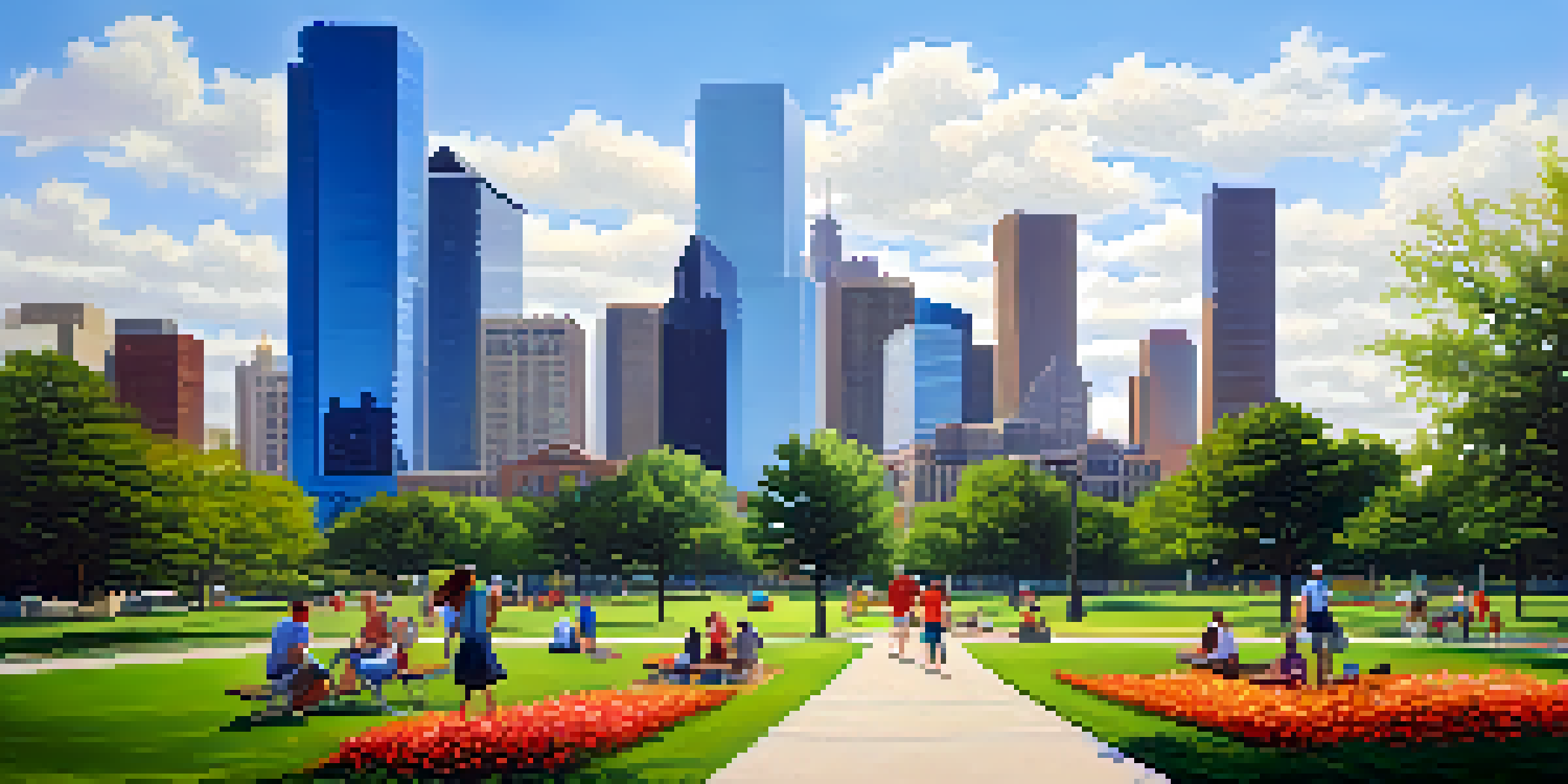 A lively urban park in Houston with families picnicking on the grass, surrounded by trees and colorful flowers, with the city's skyline visible in the background.