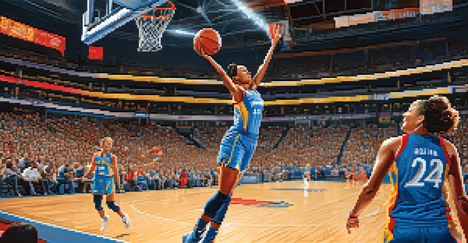 A female basketball player mid-air, performing a slam dunk in a packed arena during a Houston Comets game, with fans cheering in the background.