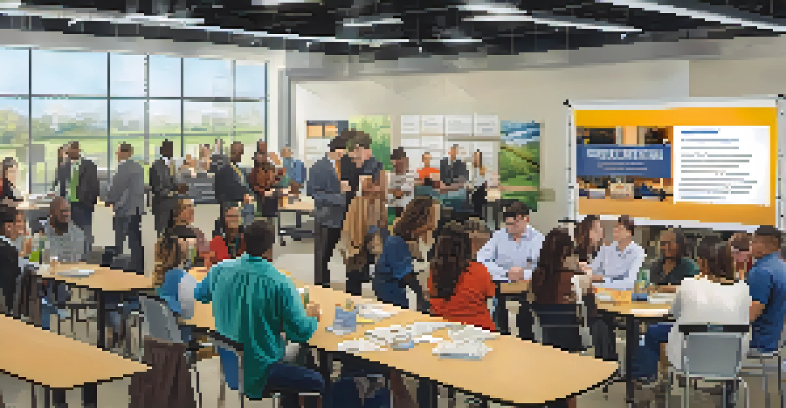 A community college workshop event where students and local business representatives network and discuss workforce development, featuring informational tables and a large banner.