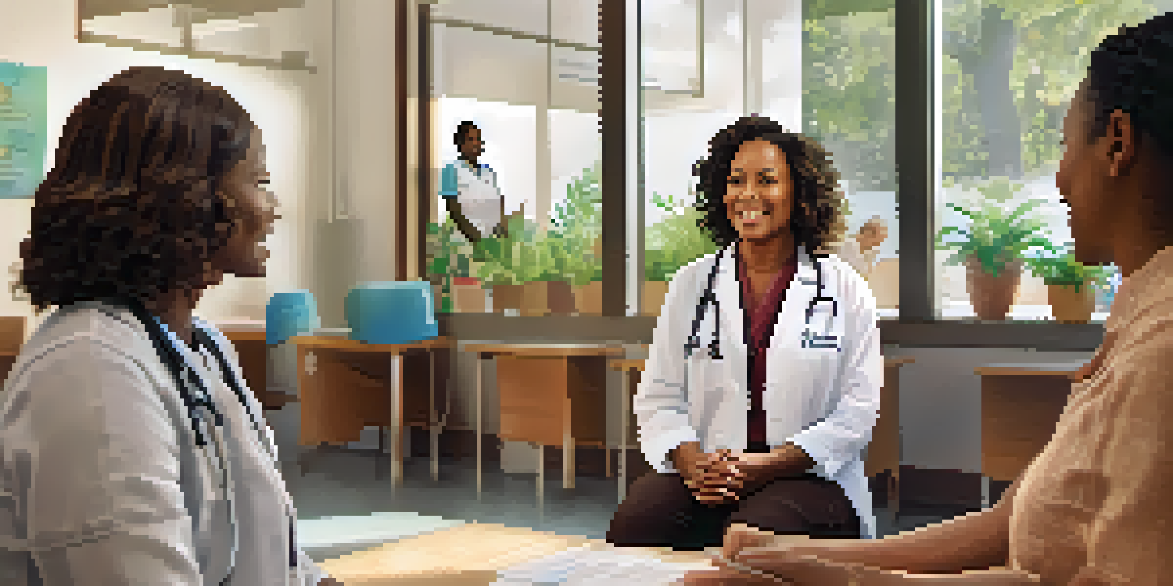 A doctor engaging with patients in a community health center, surrounded by supportive visuals and warm lighting.