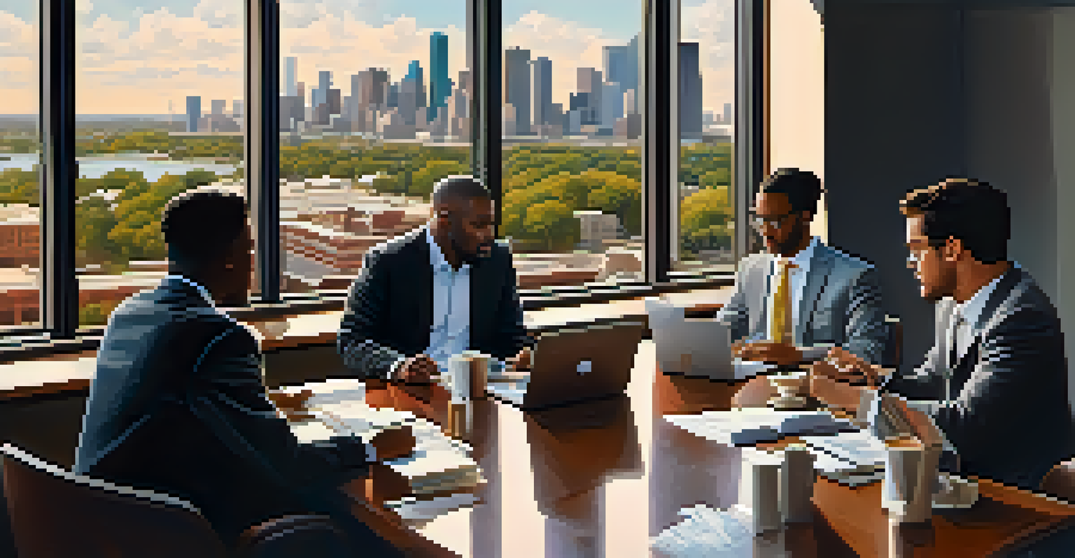 Angel investors discussing pitches around a table in a well-lit room.