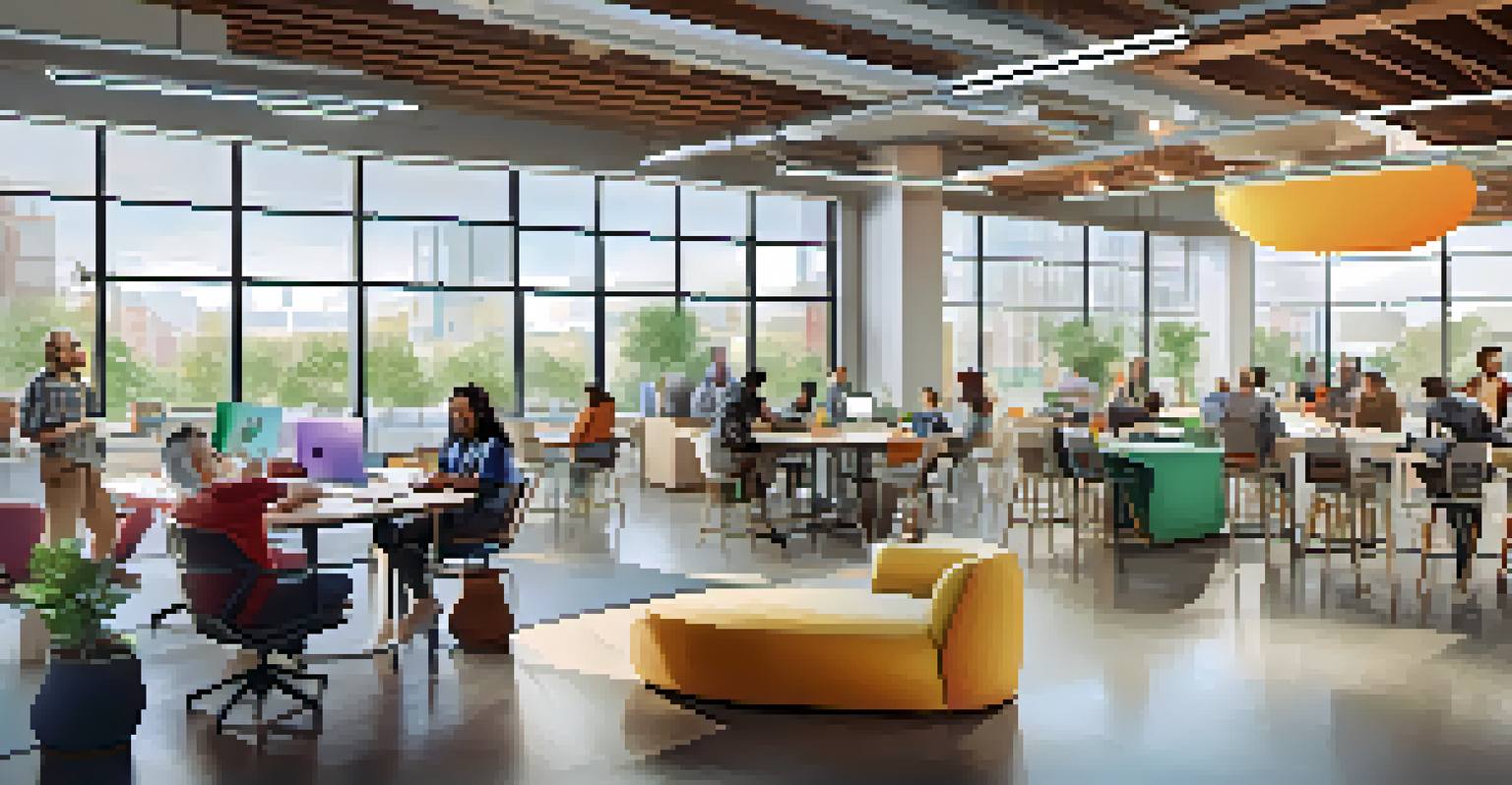 A vibrant innovation hub where diverse professionals are collaborating and brainstorming.