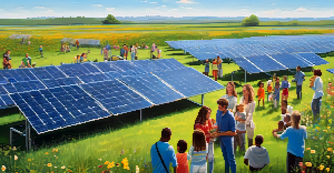 A colorful solar farm with people attending a workshop about renewable energy in a lush green setting.