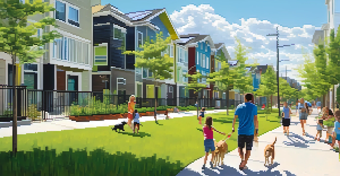 A lively Houston neighborhood with new multi-family homes, green spaces, and families enjoying outdoor activities under clear skies.