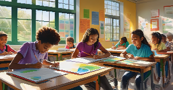 A diverse group of students working together on a STEM project in a bright classroom, with educational materials and a teacher present.