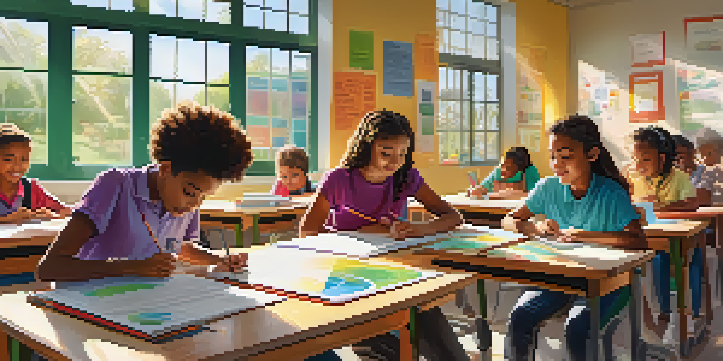 A diverse group of students working together on a STEM project in a bright classroom, with educational materials and a teacher present.