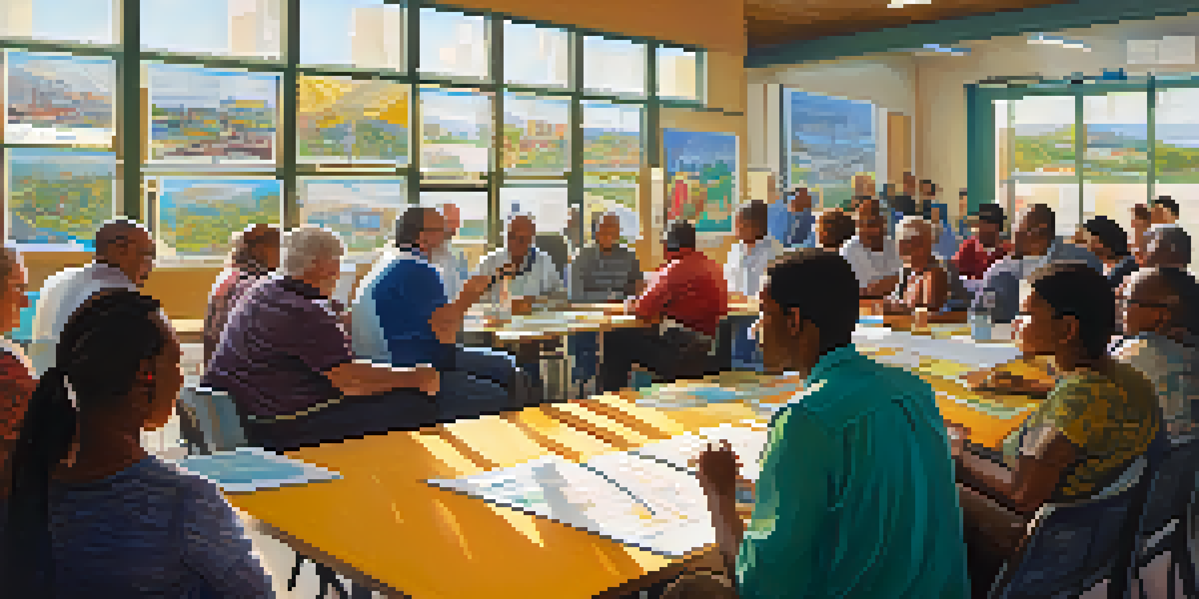 A diverse group of residents engaged in discussions about transportation planning in a bright community center filled with colorful posters.