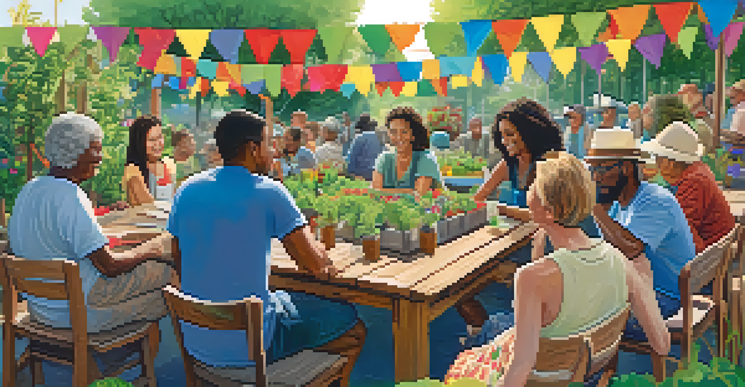 A diverse group of people gathered around a wooden table in a community garden, discussing gardening plans amidst flourishing plants.