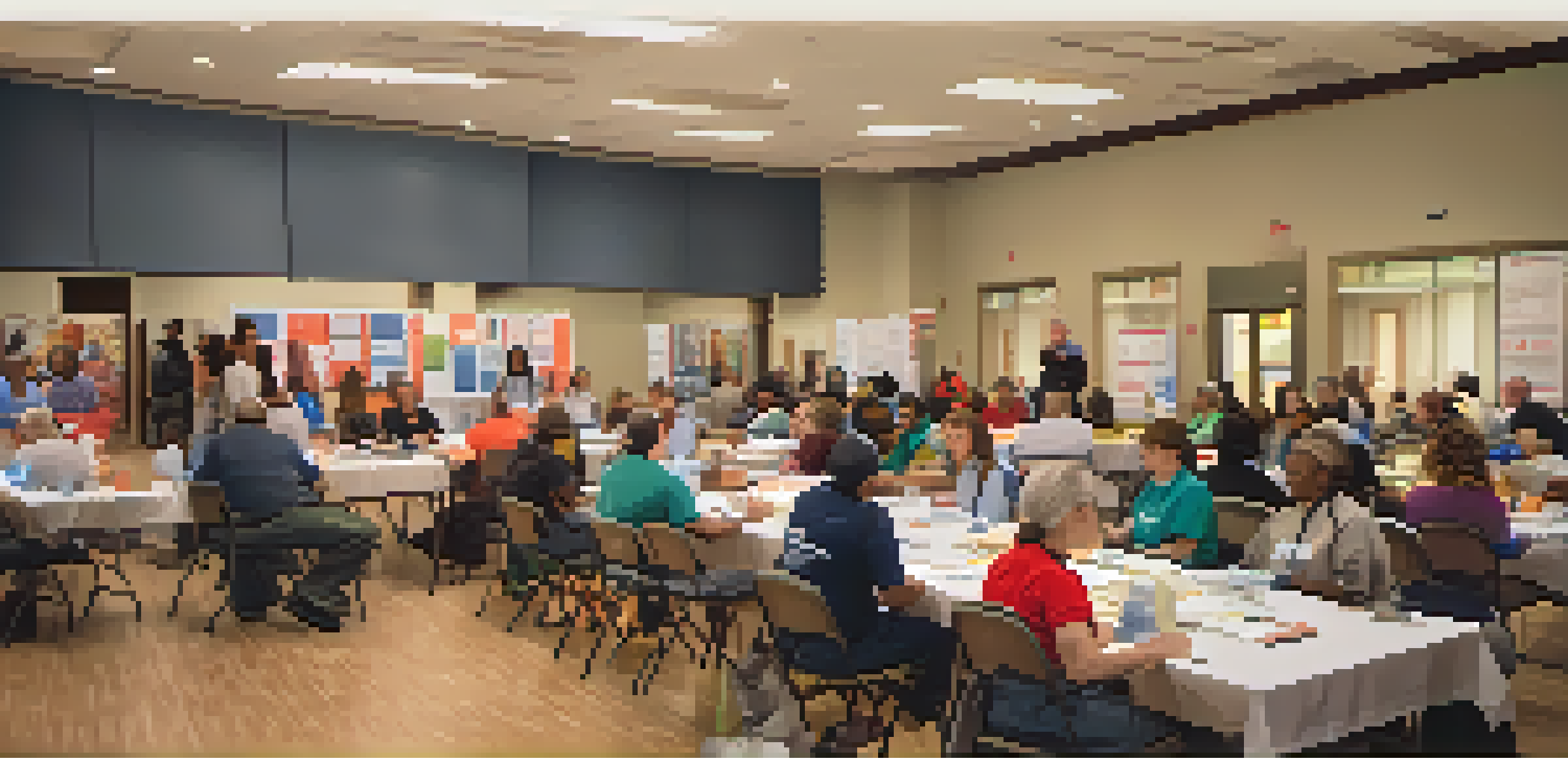 A community center in Houston hosting a disaster preparedness workshop, with diverse residents participating and a trainer demonstrating first aid.