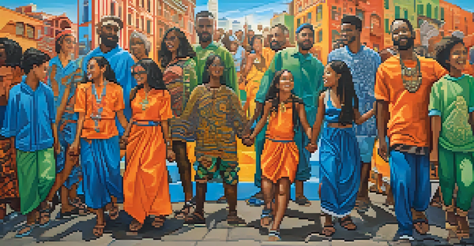 A colorful mural showing diverse individuals holding hands in a display of unity, set against an urban backdrop.