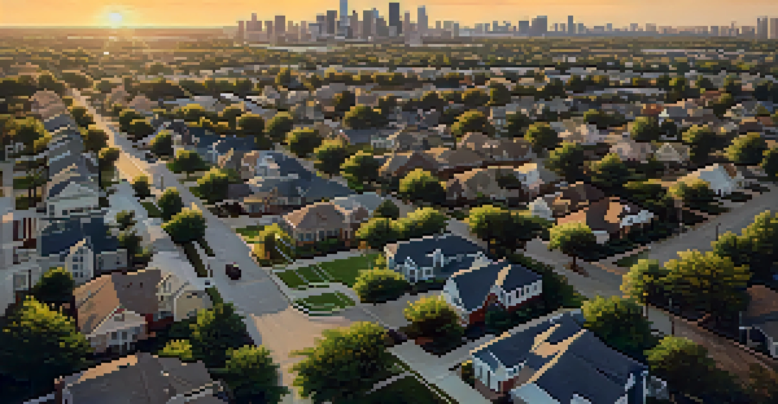Aerial view of a Houston neighborhood featuring a mix of homes and high-rise buildings during sunset.