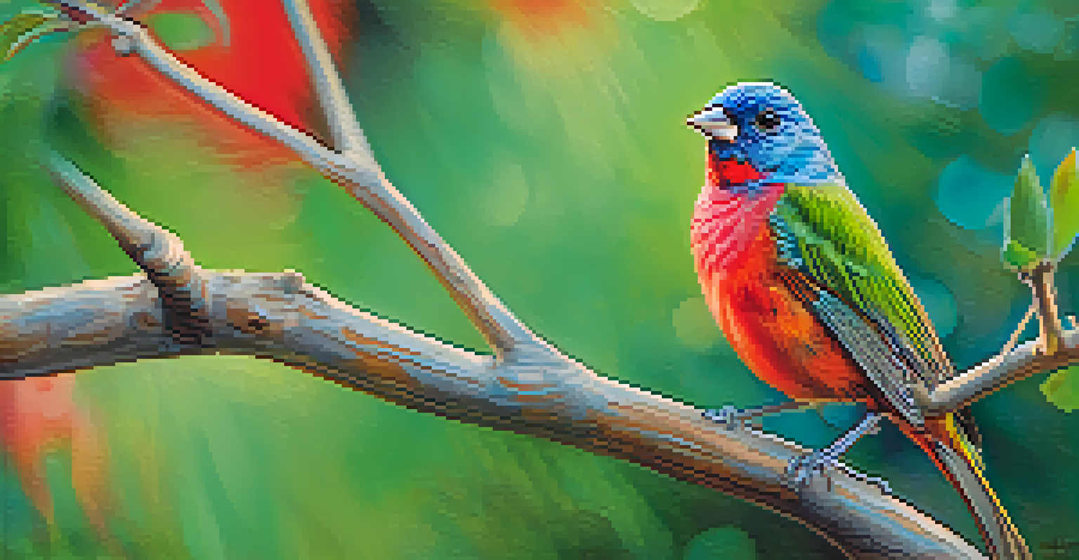 A colorful painted bunting bird perched on a branch, showcasing its vibrant blue, green, and red feathers with a softly blurred green background.
