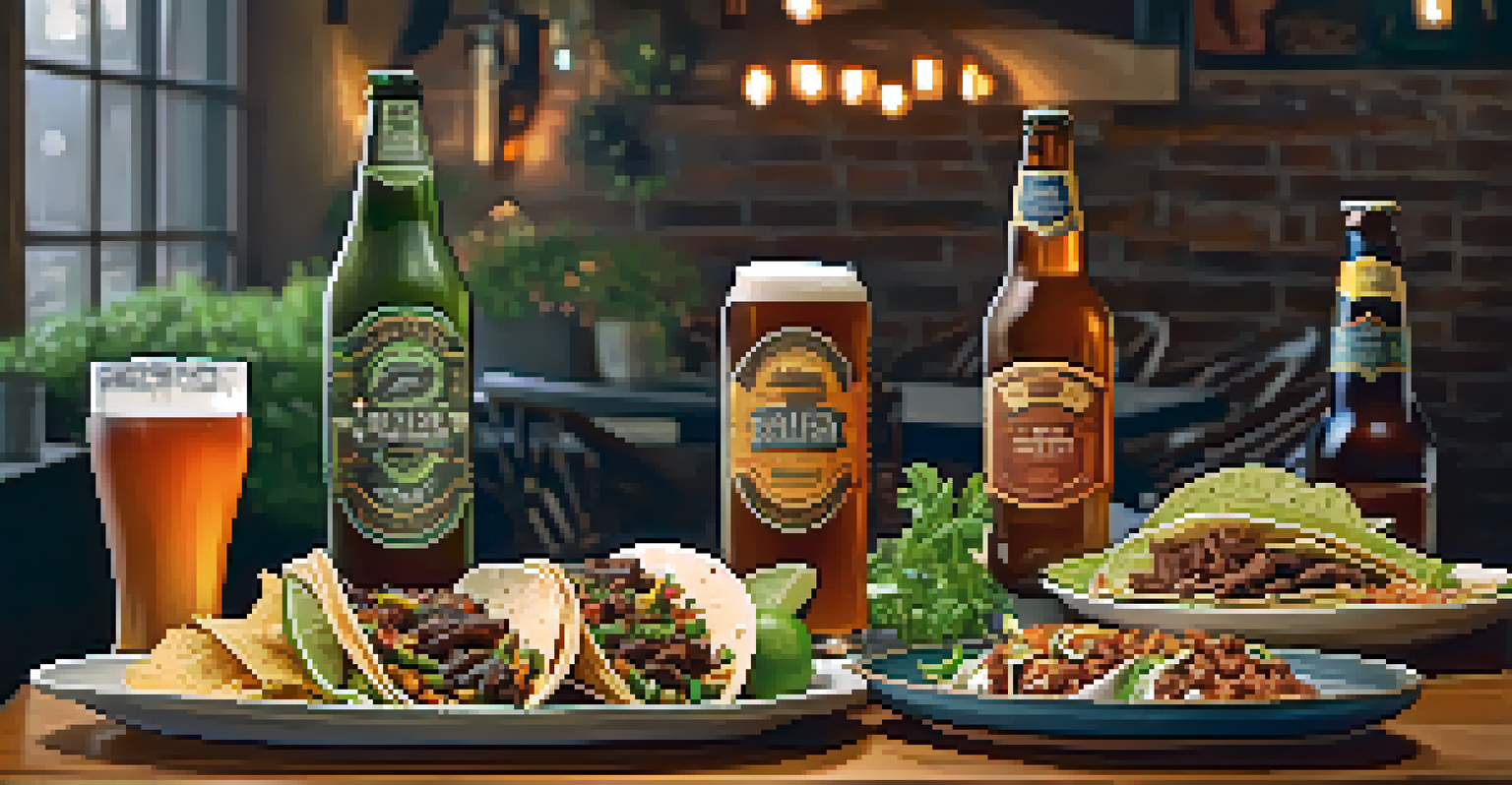 Table setting with craft beers and gourmet dishes, including amber ale with barbecue brisket and lager with tacos, under soft lighting.