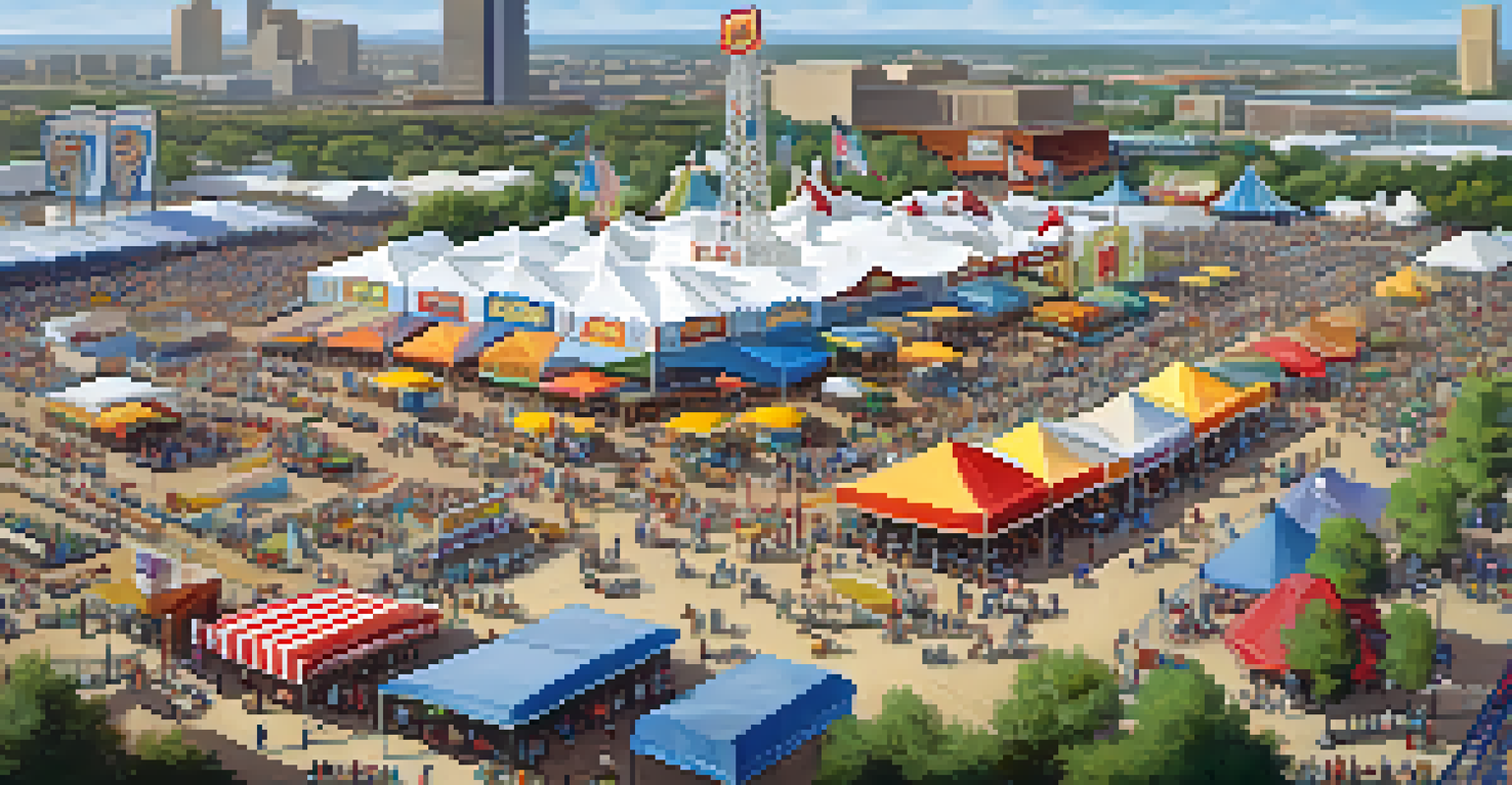 An aerial view of the busy Houston Livestock Show and Rodeo grounds, featuring colorful tents, food stalls, and an active rodeo arena.