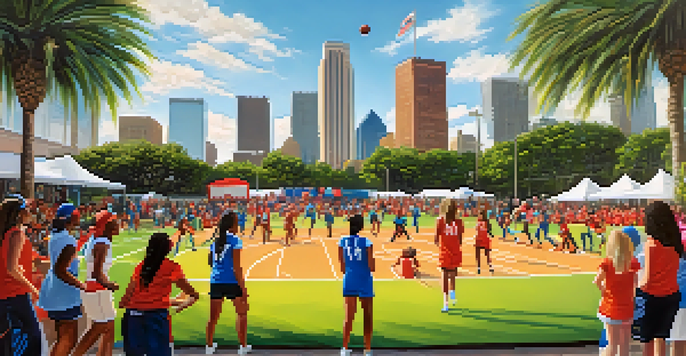 A lively outdoor event in Houston celebrating female athletes, with young girls watching and participating in sports activities.