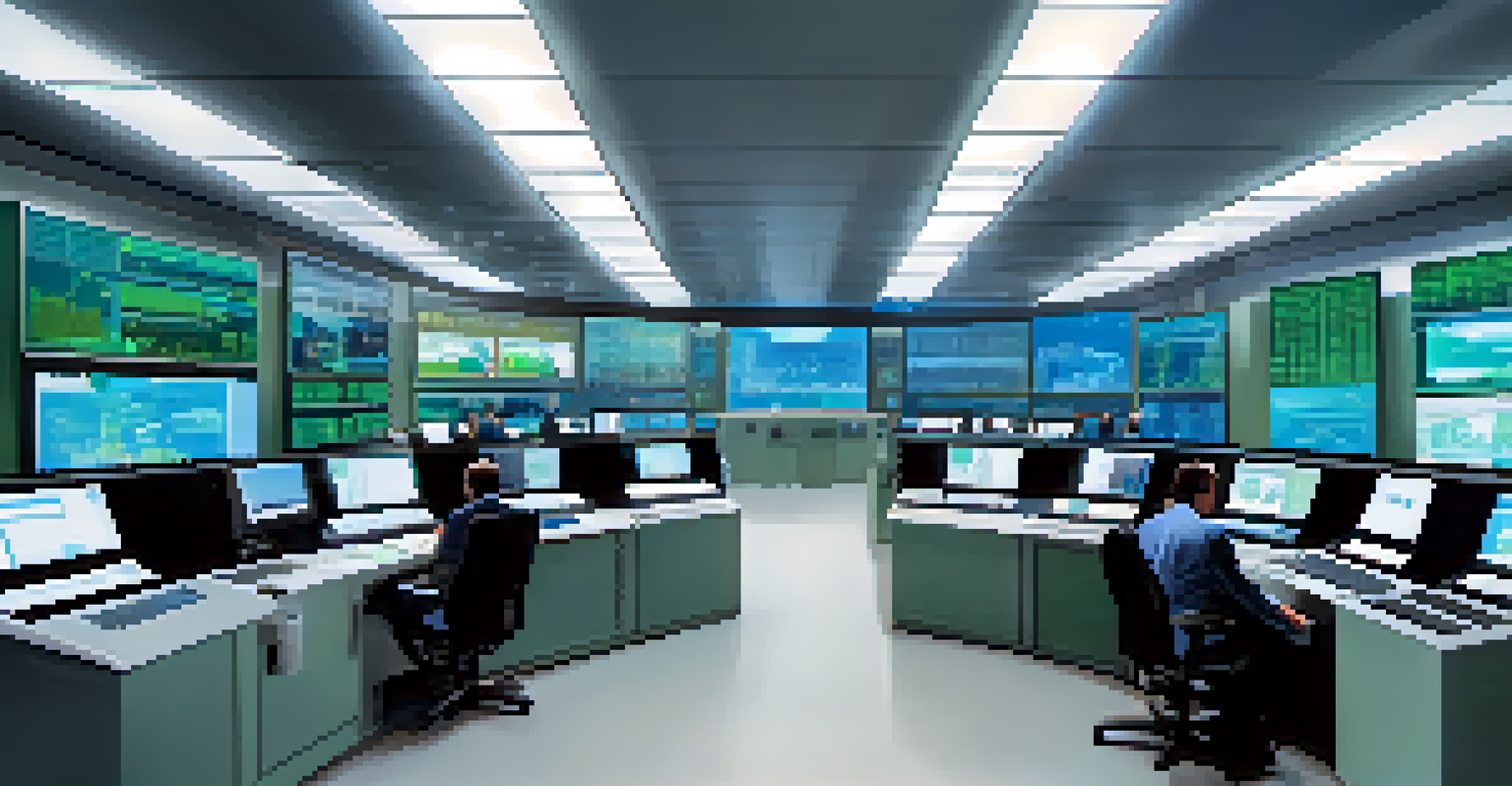 A high-tech control room monitoring energy production, with operators discussing data on screens showing fossil fuels and renewable sources.