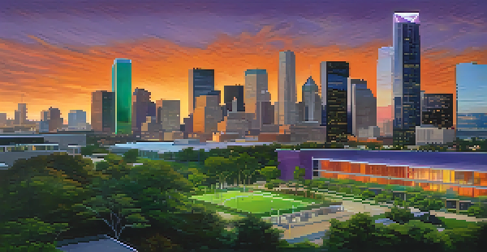 A vibrant sunset view of Houston's skyline with modern buildings and green parks, highlighting urban development and smart technology.