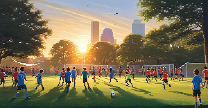 Children playing soccer in a park during sunset, with parents cheering in the background.