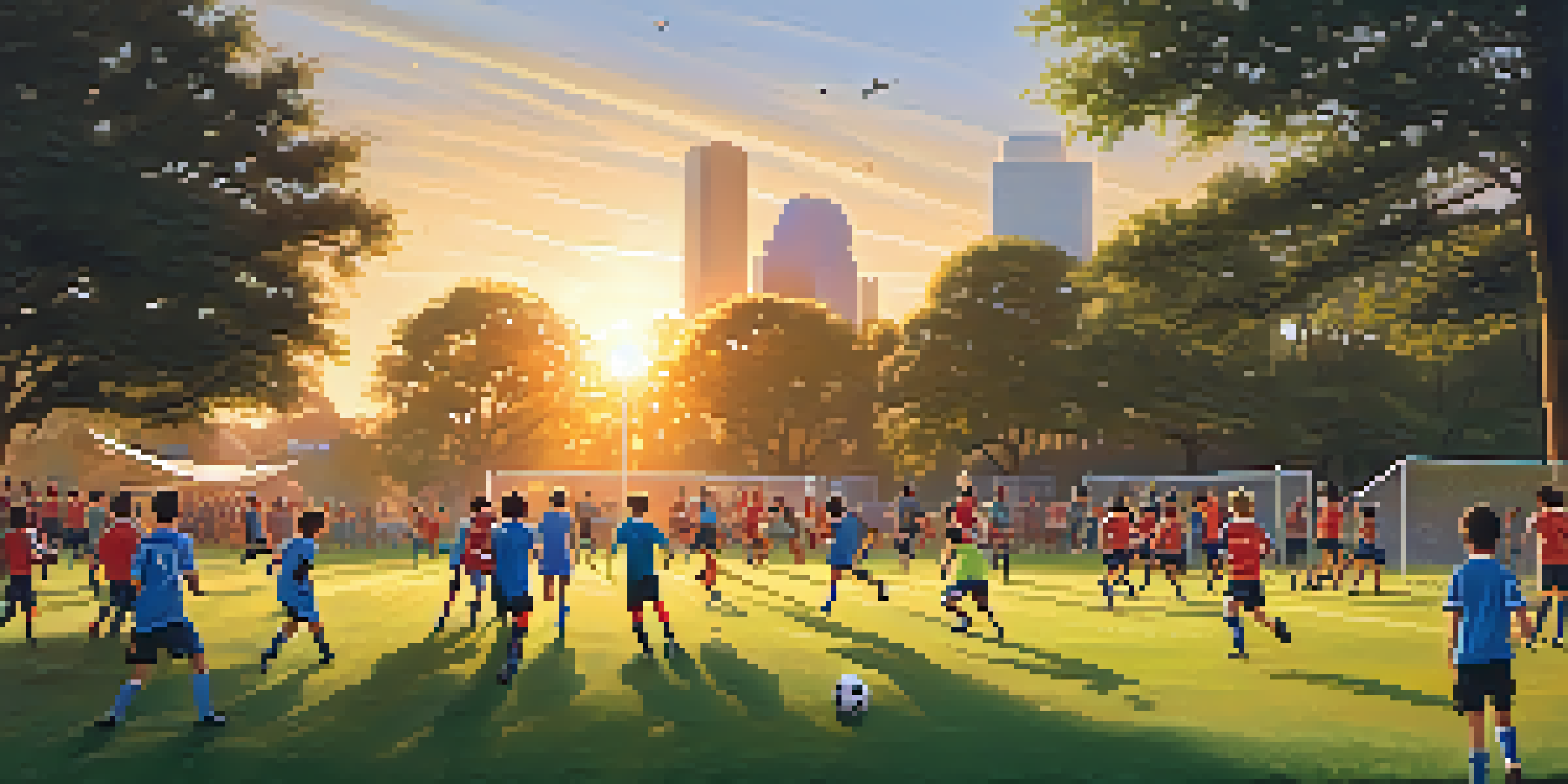 Children playing soccer in a park during sunset, with parents cheering in the background.
