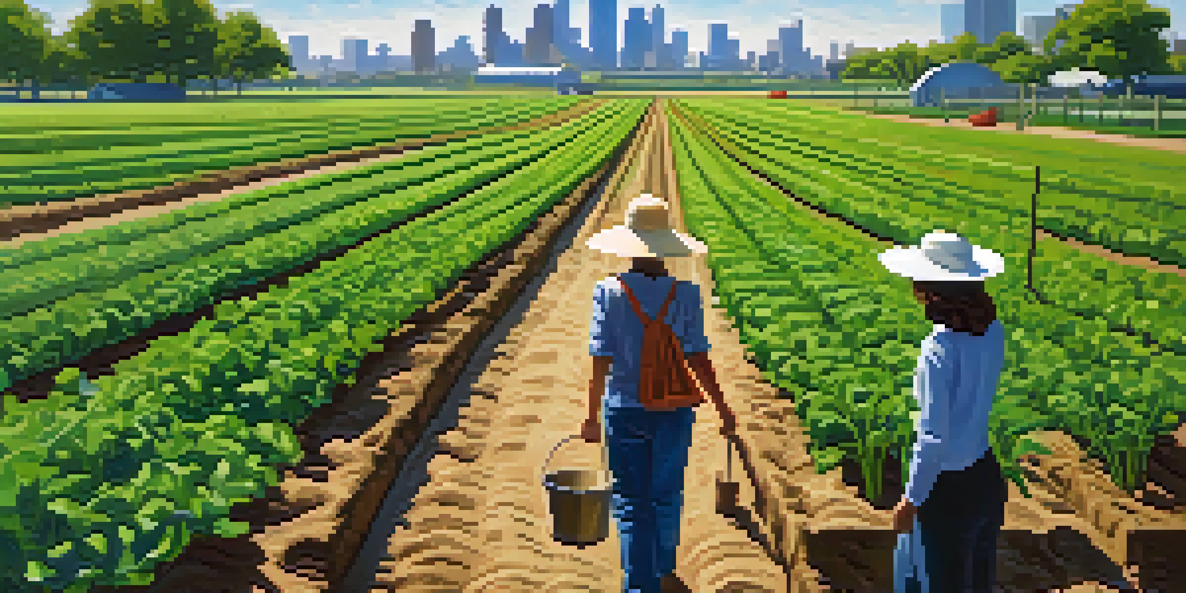A lively urban farm in Houston with farmers tending to their green crops, against a backdrop of modern buildings and a clear blue sky.