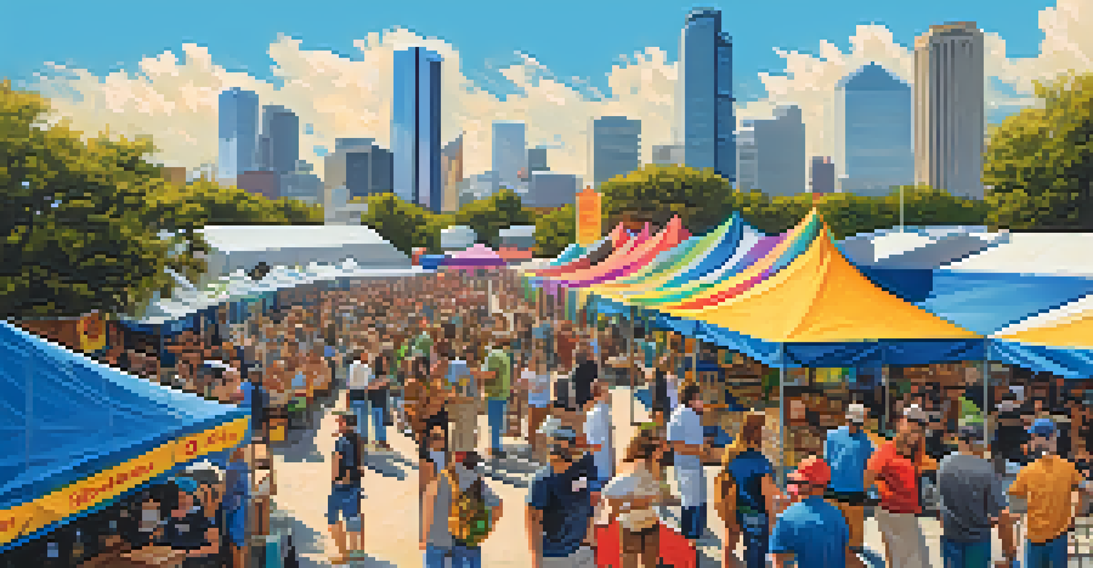 Outdoor craft beer festival in Houston with attendees sampling beers, food trucks, and live music under a clear sky.