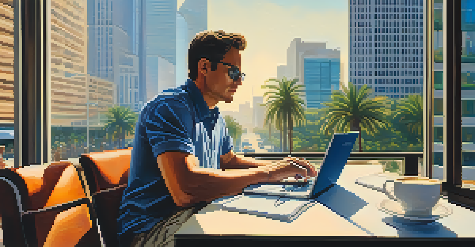 A journalist working at a café table with a laptop and coffee, set against the backdrop of a vibrant Houston cityscape.