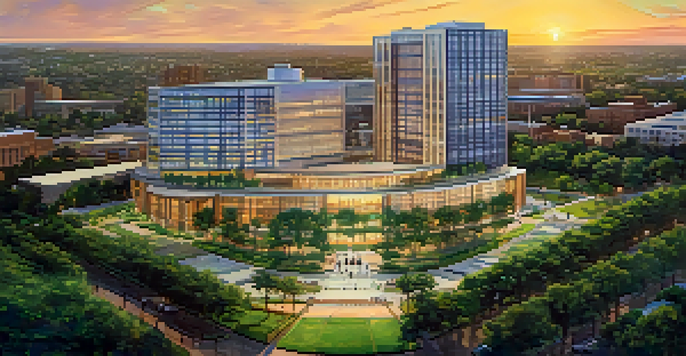 A panoramic view of the Texas Medical Center with modern buildings and sunset lighting, featuring green landscaping and people enjoying the space.