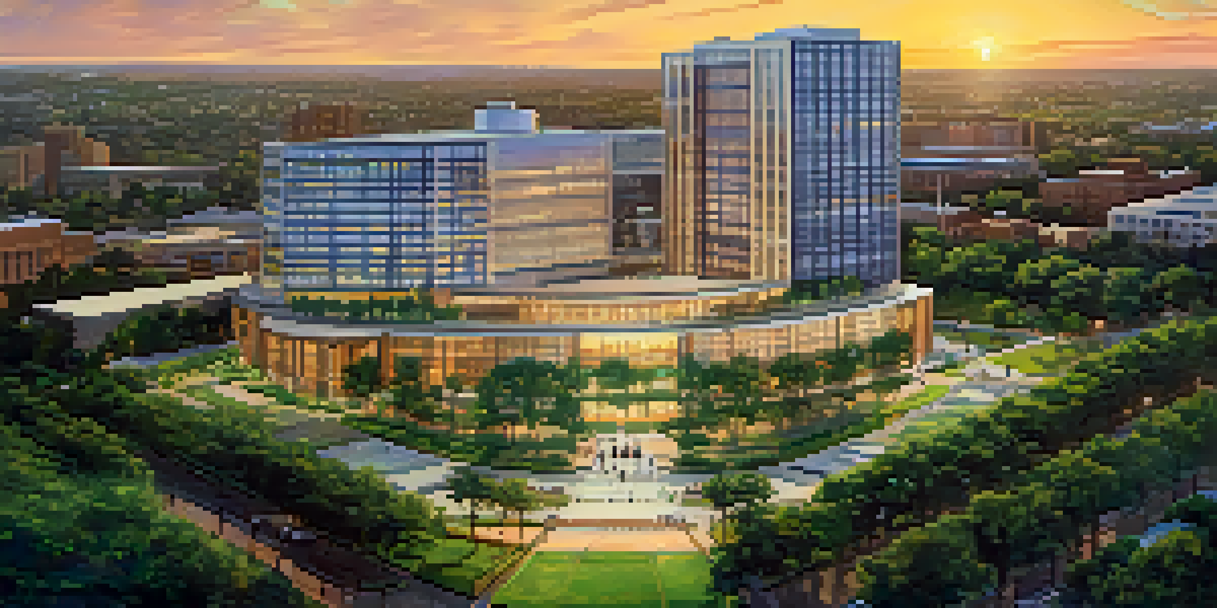 A panoramic view of the Texas Medical Center with modern buildings and sunset lighting, featuring green landscaping and people enjoying the space.