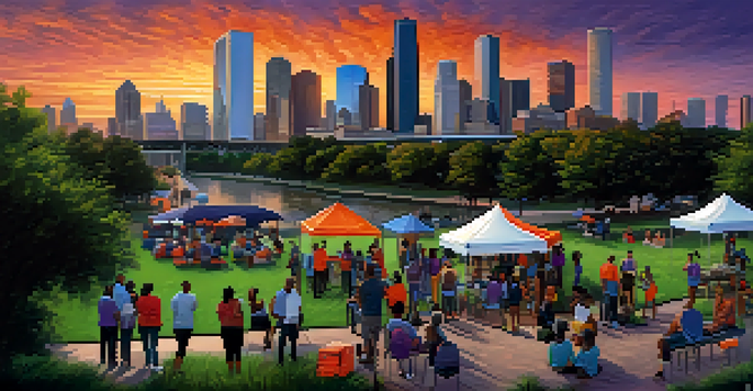 A scenic view of Houston's skyline at sunset, with a diverse group of people participating in a community emergency preparedness workshop in a park.
