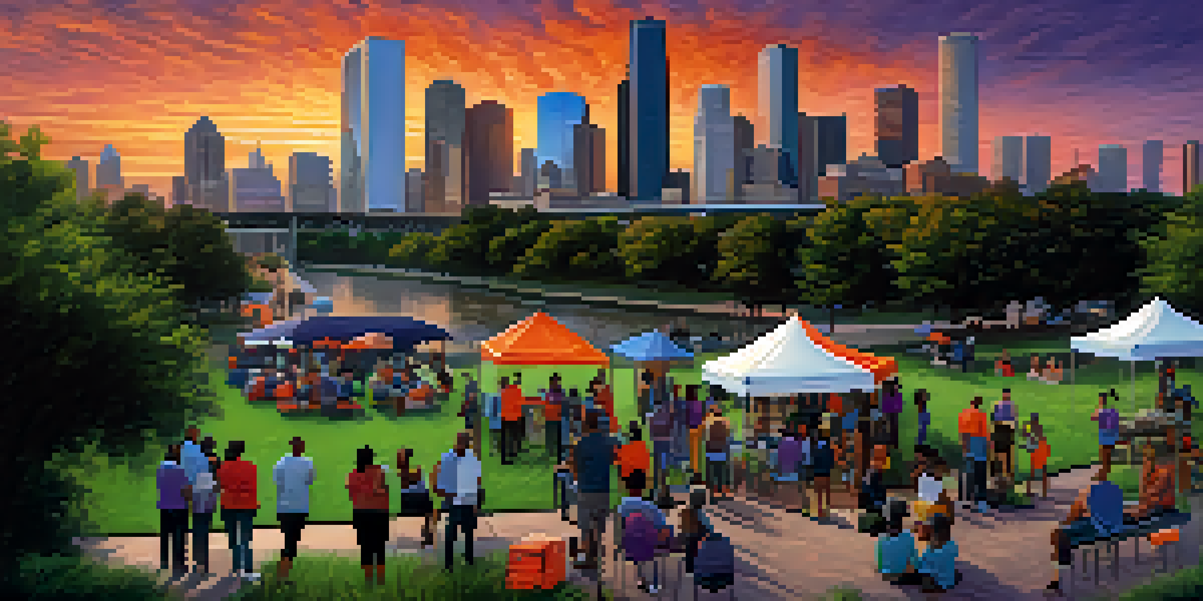 A scenic view of Houston's skyline at sunset, with a diverse group of people participating in a community emergency preparedness workshop in a park.