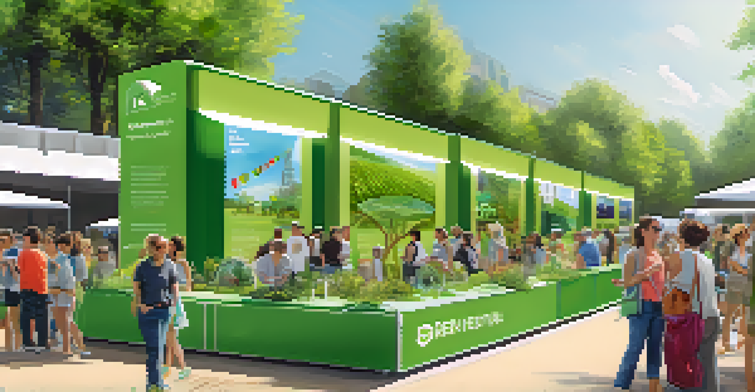 An outdoor festival showcasing eco-friendly technology with attendees engaging at booths under a sunny sky surrounded by greenery.