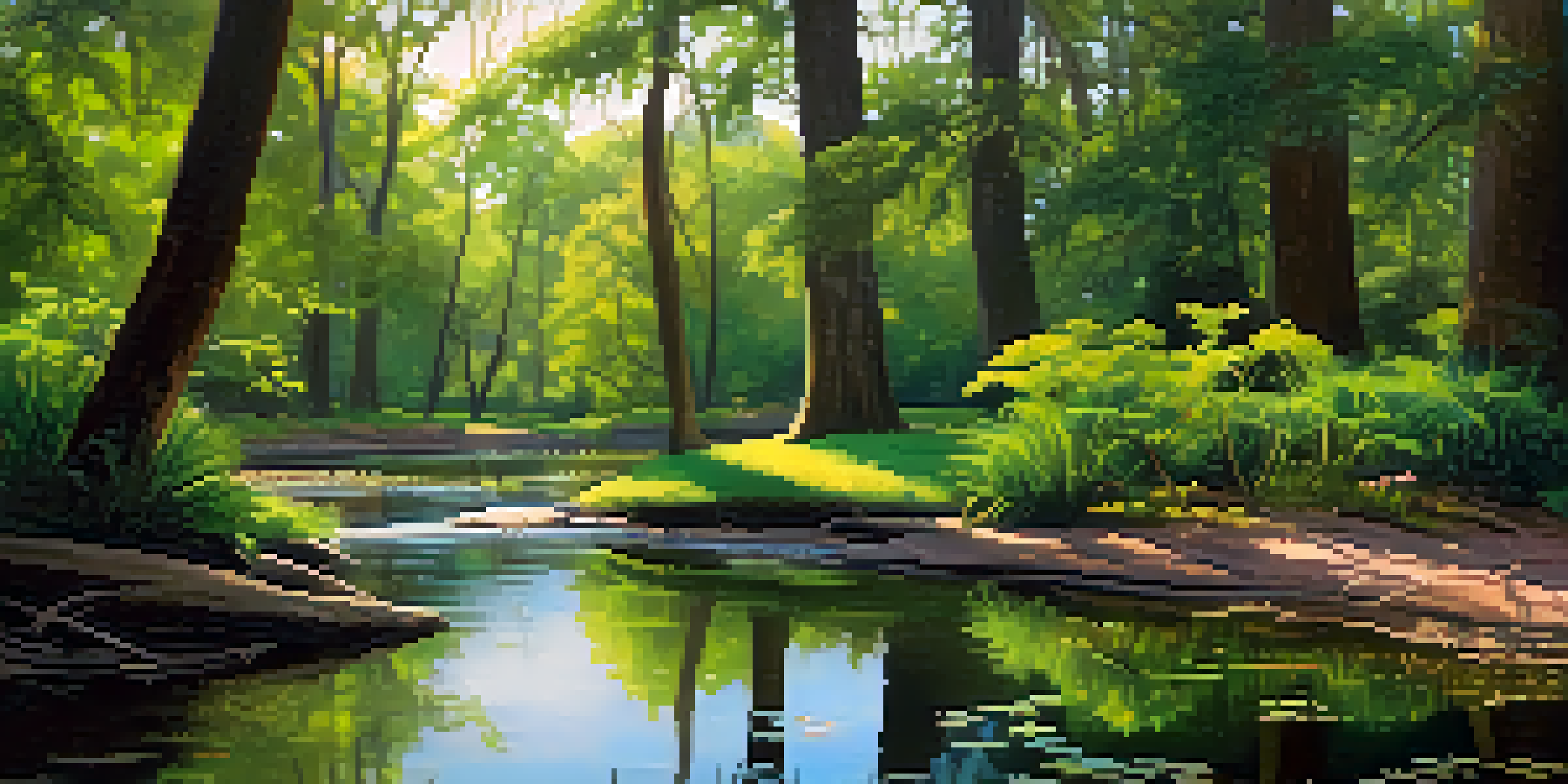 A peaceful scene at the Houston Arboretum featuring green woodlands, wetlands, and colorful songbirds in the foreground, with sunlight filtering through the leaves.