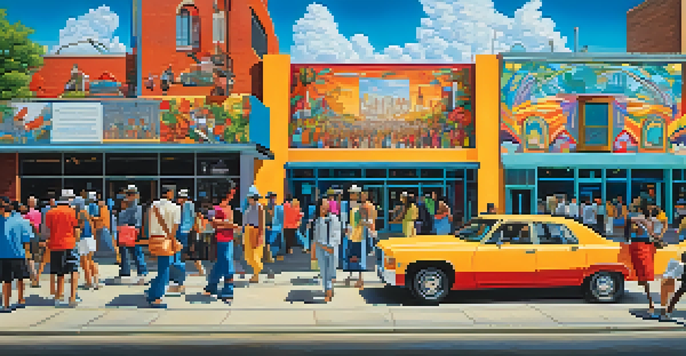 A colorful mural in Houston, depicting cultural icons and community themes, with people walking and artists at work.