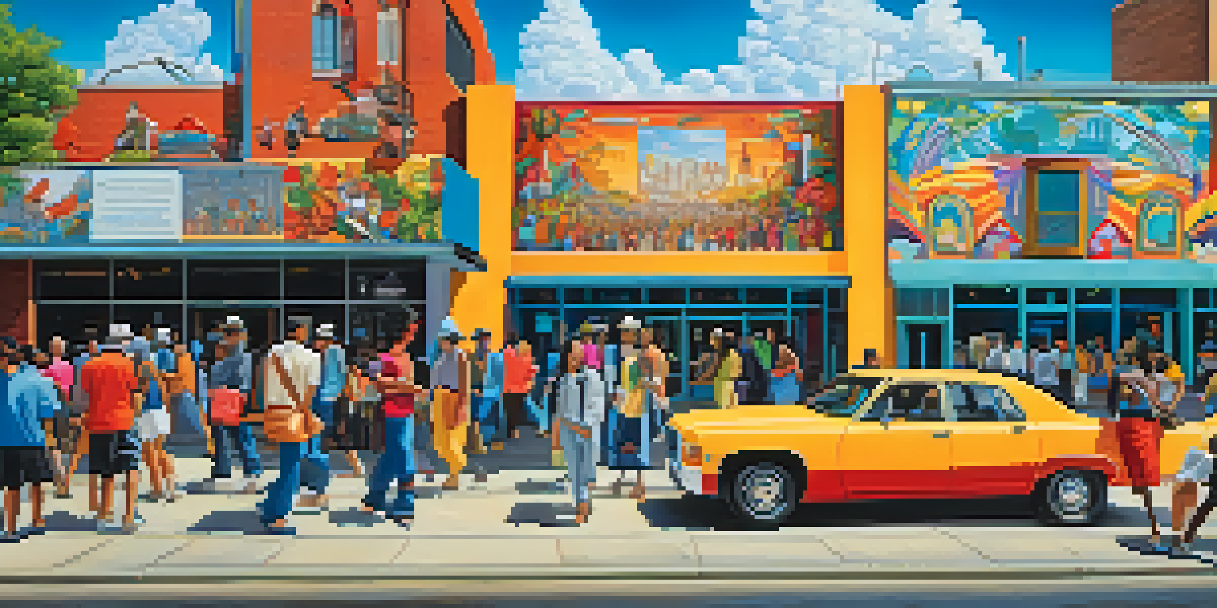 A colorful mural in Houston, depicting cultural icons and community themes, with people walking and artists at work.